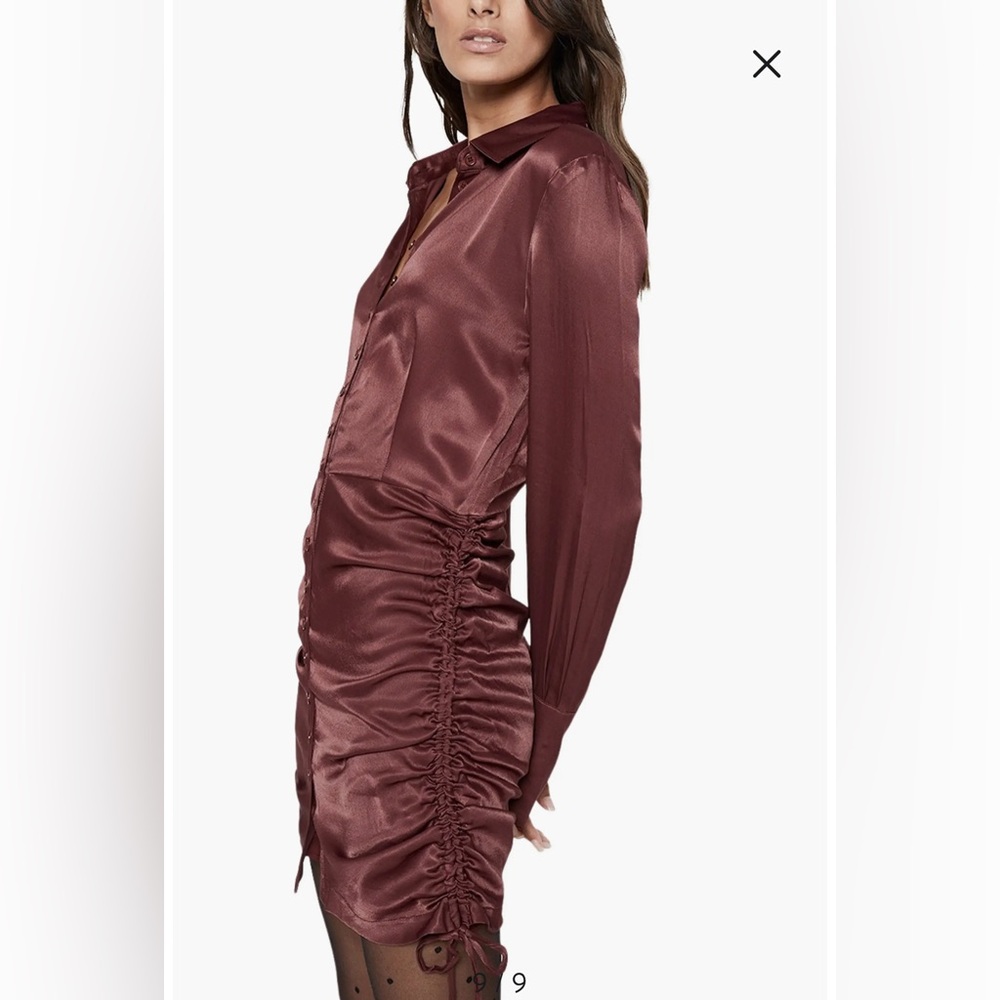 Bardot Sui Side Ruched Long Sleeve Minidress Merlot Red Satin Size US 6 - Picture 4 of 14